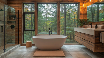 Fototapeta premium Salle de bain luxueuse dans une maison en bois moderne entourée de forêt