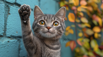 Obraz premium playful gray cat with bright eyes raises its paw against colorful backdrop