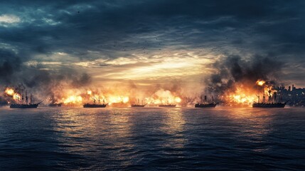A large group of ships are in the water, with a lot of smoke and fire