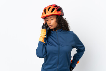 Teenager cyclist woman isolated on white background with headache