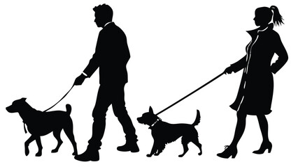 Set Of People Walking Their Dogs On Leashes Vector Silhouette Illustration