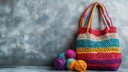 Colorful handmade crochet bag with yarn on gray background. AI generated illustration.