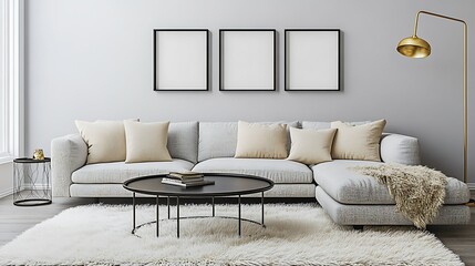 Modern living room interior with sectional sofa, coffee table, rug, and three framed pictures.
