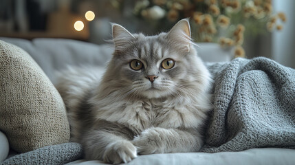 regal gray long haired cat perched on cushion, exuding calmness