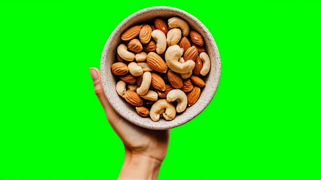 Enjoying a variety of mixed nuts in a handcrafted bowl against a vibrant green background