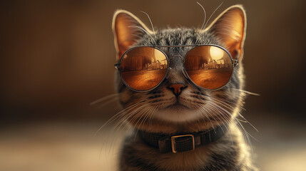 Naklejka premium Serious tabby cat wearing aviator sunglasses, exuding cool confidence