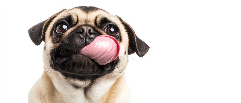 portrait of an adorable pug doggy licking his mouth and looking up isolated over white background; copy space - Powered by Adobe
