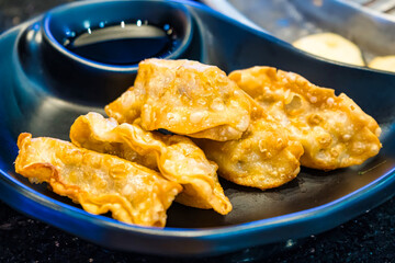 Crispy Golden Fried Dumplings on Black Plate