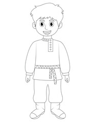 Moscow, Russia, the child wears a traditional Russian outfit, such as a kosovorotka (traditional Russian shirt) and pants. traditional Russian outfit coloring page for kids . Russian boy coloring page