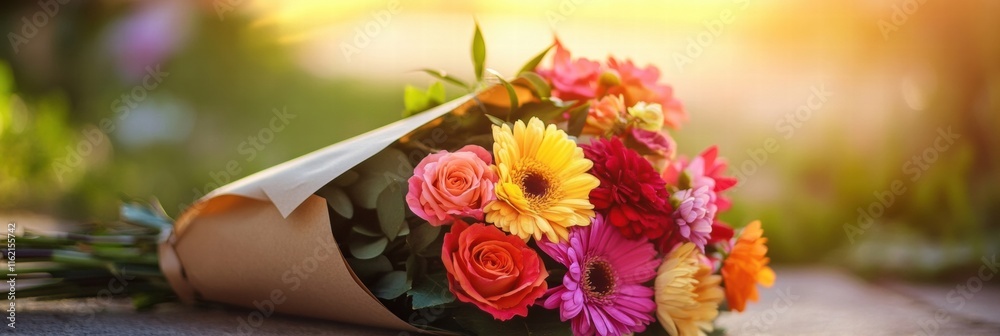 Poster colorful flower bouquet wrapped in kraft paper with copy space for text and a warm sunlight backgrou