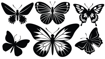 Set of butterflies silhouettes black and white Butterfly icons isolated