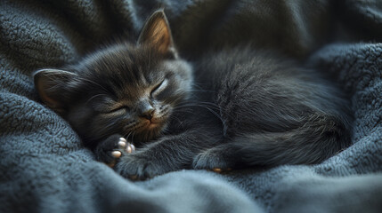 Fototapeta premium small black kitten curled tightly, peacefully sleeping on soft blanket