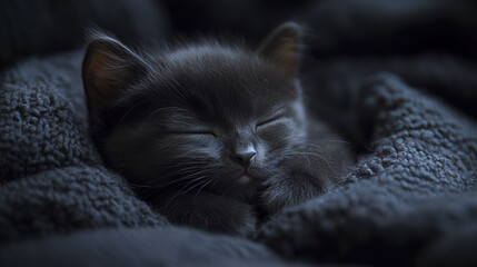 small black kitten curled tightly in cozy blanket, exuding warmth