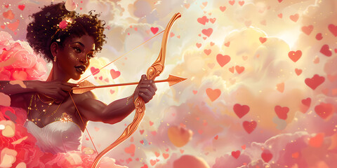 Female Cupid aiming arrow surrounded by a flurry of hearts. Valentine’s Day banner with place for text