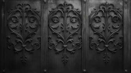 Ornate Black Metal Gate Panels, Detailed Design