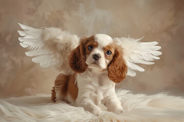 Puppy spaniel with white feather Cupid wings. Valentine’s Day greeting card.
