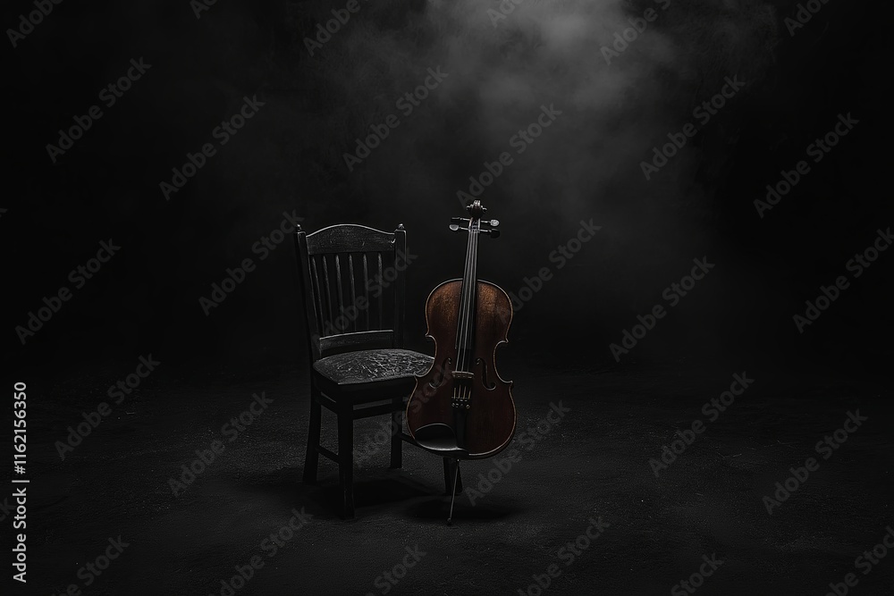 Poster a violin resting on a chair, with its bow placed delicately across the strings