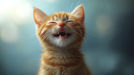 Fototapeta premium small orange kitten laughing joyfully, showing its tiny teeth