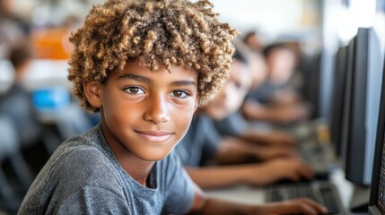 A boy smiling while using a computer in a classroom.