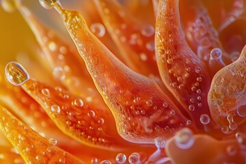 This vibrant orange flower features elongated petals covered in tiny bubbles, capturing light beautifully. The intricate details highlight the flower's texture and vivid coloration.