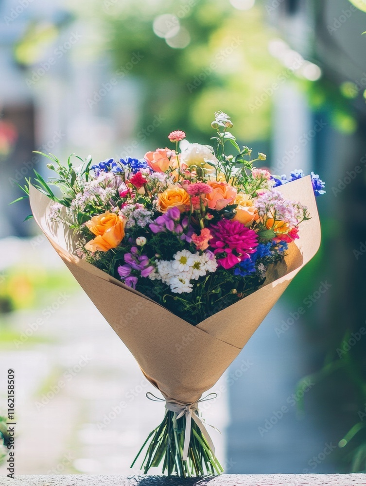 Poster colorful flower bouquet wrapped in kraft paper for festive celebrations and special occasions with e