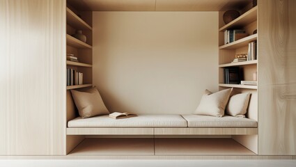 Fototapeta premium Built in reading nook with shelves and cushions