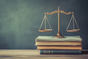 A set of brass legal scales rests on top of stacked law books, symbolizing justice and the legal system. The scene conveys a serious atmosphere in a courtroom-like environment.