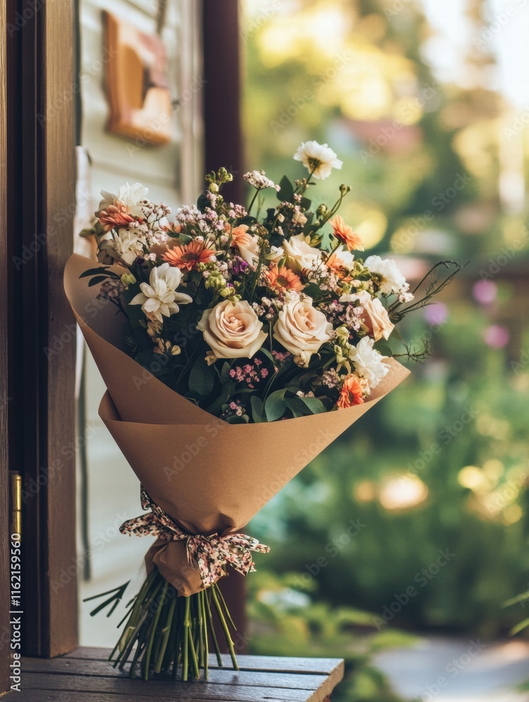 Poster Elegant bouquet wrapped in kraft paper resting on a wooden surface in a serene garden setting. Generative AI