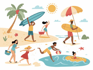 Ai-generated beach fun vibrant family activities on a sunny shoreline with surfers and swimmers
