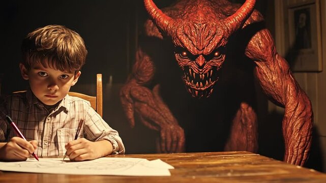 Terrifying demon stalking a child in a dimly lit room creating fear and tension.
