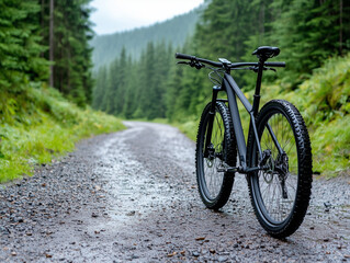 Naklejka premium Black Mountain Bike Against a Rugged Trail Background