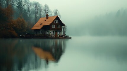 Fototapeta premium Misty lake house reflection.