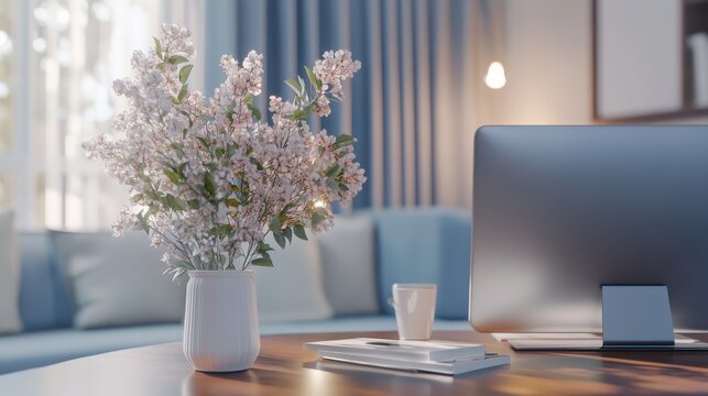 Modern home office in the living room, Convenient, comfortable, nice place to work, Remote work from home, Minimal interior decor design background.