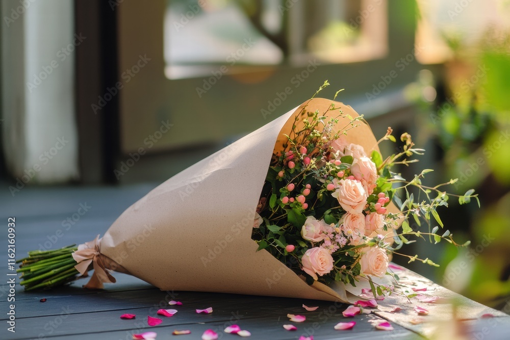 Poster beautiful bouquet wrapped in kraft paper with copy space for personalized messages and notes. genera