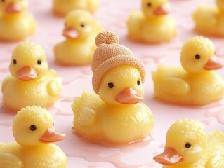 A single rubber duck wearing a hat among many others on a pink background.