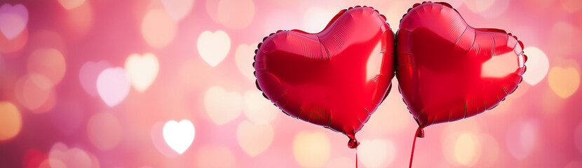 two red heart-shaped balloons of bright surface on pink bokeh of heart shape background