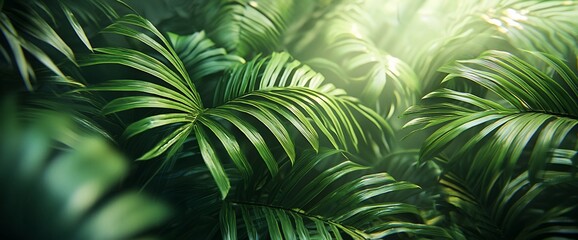 Lush green tropical foliage with sunlight.