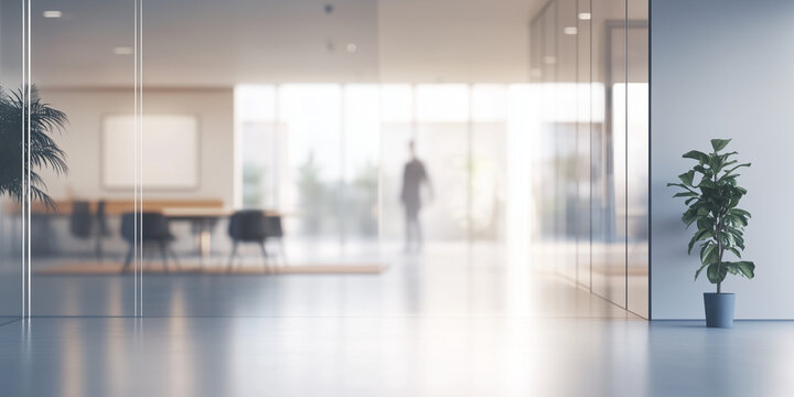 Motion blur image of a contemporary glass office building with a meeting area, glass doors and windows and the silhouette of a person.