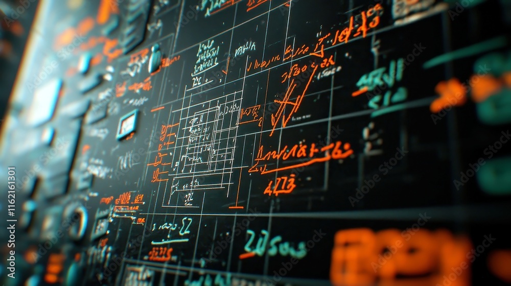 Poster dynamic animation of vibrant mathematical formulas flowing across a grid, set against a sleek black 