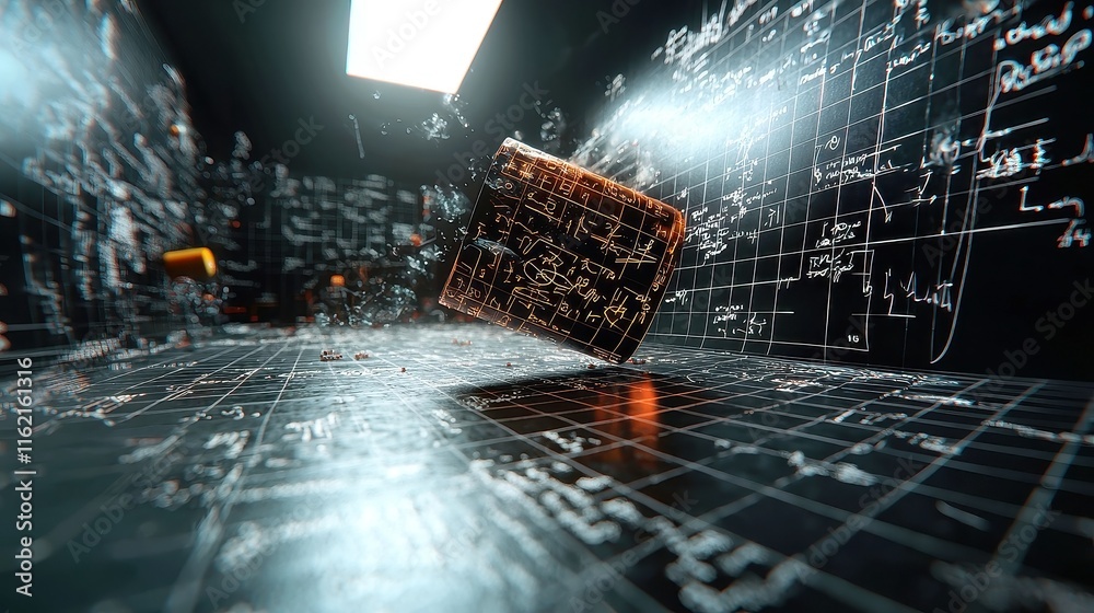 Poster dynamic animation showcasing vibrant mathematical formulas in motion across a grid against a deep bl