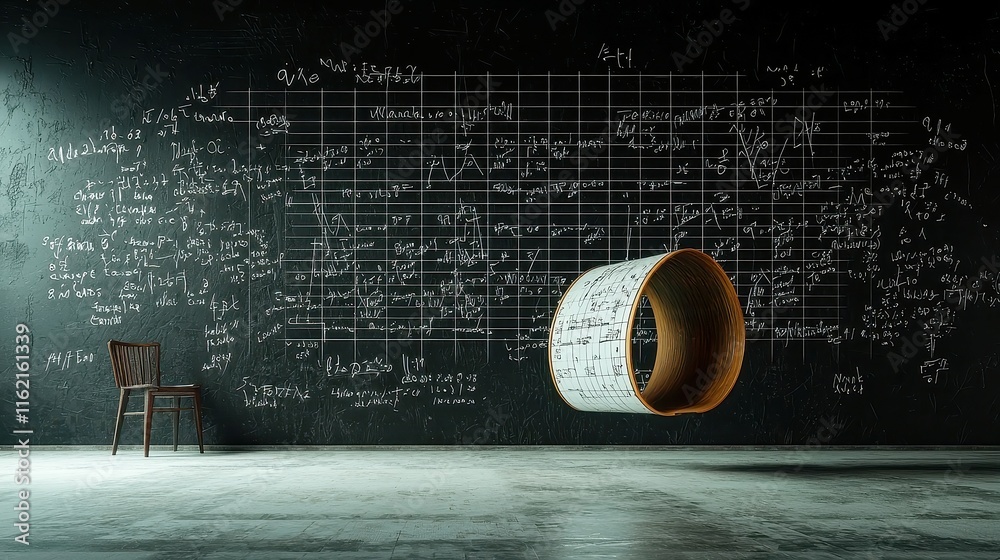 Poster dynamic animation of vibrant mathematical formulas swirling on a grid against a deep black backdrop,