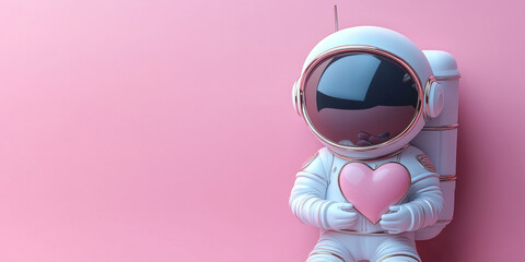 Astronaut with Heart on Pink Background. Valentine's Day Concept. Love Banner. Romantic Background for Greeting Card Design for Valentine's day, Wedding, Birthday