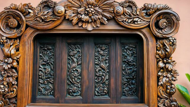 Intricate wood carvings on vintage door frame showcase detailed craftsmanship and artistry in historic architecture