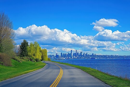 Scenic coastal highway with city skyline under a vibrant blue sky.