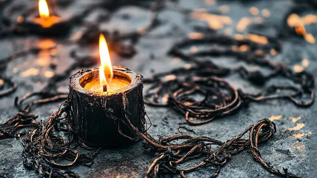 Candles with warm flames amidst tangled black strings on a dark surface evoke a moody ambiance