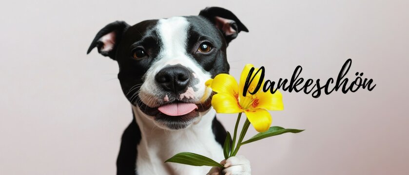 Dankesch&ouml;n: Hund mit Blume, s&uuml;&szlig;e Staffordshire Bullterrier H&uuml;ndin bedankt sich