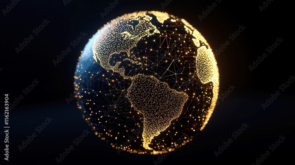 Poster global connectivity sphere, an abstract representation of earth's surface composed of particles, sym