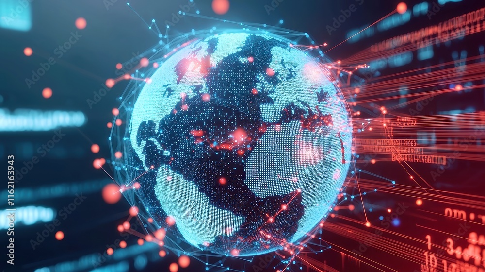 Poster global connectivity through particles, an abstract 3d representation of earth as a globe composed of