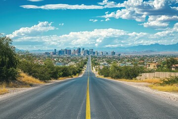 Asphalt road leading to a distant city skyline under a partly cloudy sky.