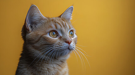 Obraz premium playful ginger cat with bright eyes gazes curiously against yellow background